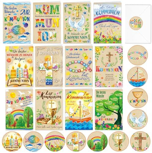 HOWAF 12 Kommunionskarten mit Umschlag Aufkleber, Kommunionskarte Karten Kommunion Karte Kommunion, Karte zur Kommunion, Kommunionkarten Glückwunsch, Erstkommunion Kommunion Geschenk Junge Mädchen, B