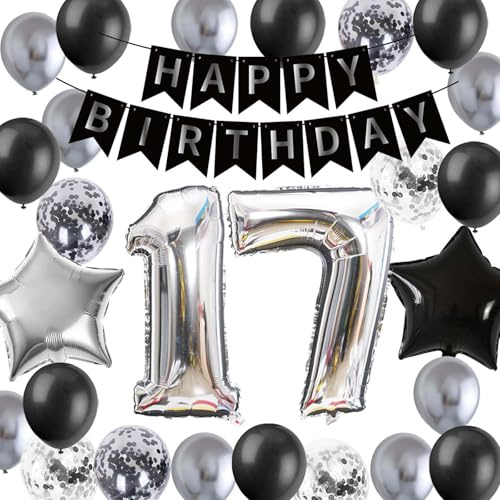 17.Geburtstag Dekoration, 17 Jahre alt Junge Geburtstag Mädchen Ballon Deko, Silber Schwarz Luftballon 17 Geburtstagsdekoration für Ihn Sohn 17 Jahre Alt Zweistellig (17.)