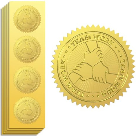 Peacoblue Goldfolie Aufkleber Siegel Offiziell Geprägt Teamarbeit und Händes 5cm 100 Stück, Selbstklebend Gold Umrandung Geprägtes Medaillen-Siegel für Zertifikatspapier, Schülerbelohnung