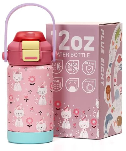 pluseight Kids Metal Water Bottle with Straw, 350ml BPA-FREE Double Wall Vacuum Tumbler 18/8 Stainless Steel Leak Proof Kids Cups with Straw for School Travel Boys Girls (Cat)
