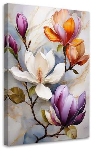 Feeby - Tableaux Decoratifs - Tableau Salon Grand Format - Fleurs de magnolia Couleur marbre - 80x120 1partie - Tableau Decoration Murale - Toile Imprimée - Impression sur Toile Peinture