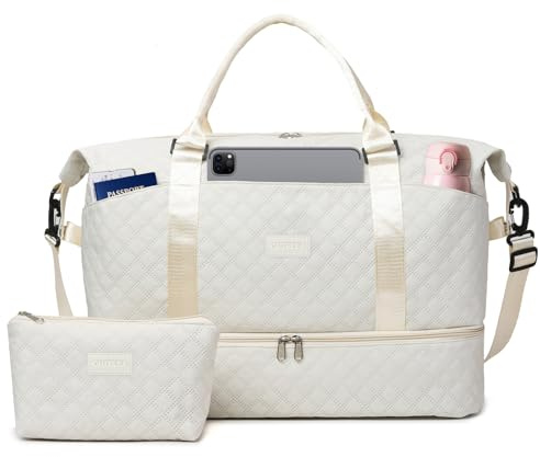 Outplea Reisetasche Handgepäck Damen mit Schuhfach & Nassfach, Reiseduffel Weekender Cabin Bag mit Waschtasche, Kliniktasche Geburt, Weiß