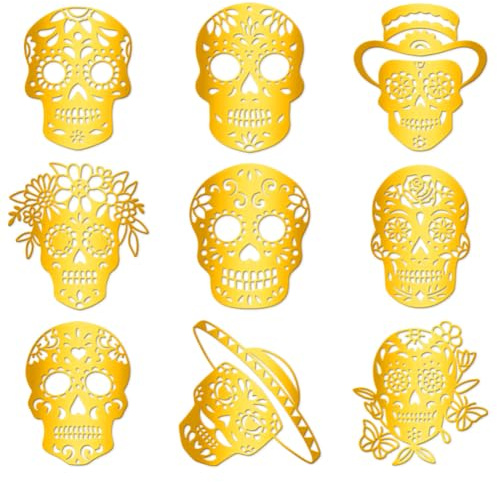 Hobbspring Goldene Selbstklebende Aufkleber Totenkopf Metallaufkleber | 9 Stück Mexikanisches Skelett Wasserdicht Zum Befestigen Für DIY Resinprojekte Handy Trinkflasche Deko Tag Der Toten 4x4cm