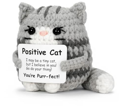 JazRvr Positive Katze Gehäkelte Tiere, Emotional Support Positive Cat für Büro und Zuhause, Positiv Potato Glücksbringer Katze Pocket Hug Geburtstag, Motivierende Katzendeko