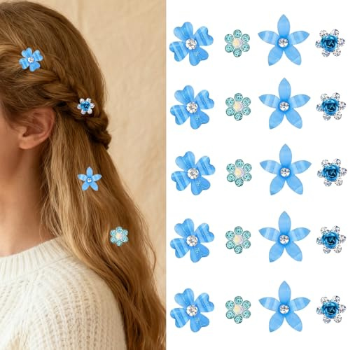 Lot de 20 Petites Pinces à Cheveux Fleur, Mini Pinces Mignonnes avec Perles et Strass en Métal, Accessoires pour Femmes et Filles Mariage (Bleu)