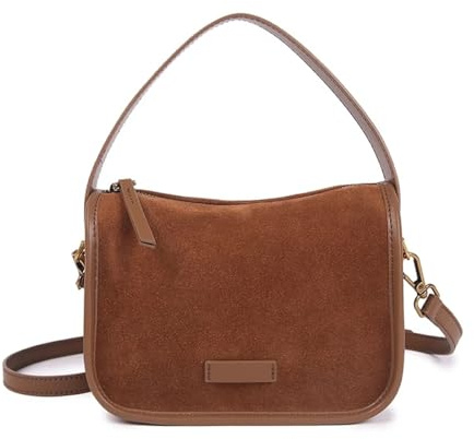 ZYAGH Retro-Umhängetasche aus echtem Wildleder aus Rindsleder for Damen, große Kapazität, weich, tragbar, Schulter-Reisetasche aus Kuhfell mit doppeltem Reißverschluss(Caramel,28x10x20cm)