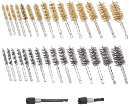 DOODLREAM 32PCS Wire Bore Brushes for Drill With 1/4 Hex Shank, 15-Size Set Stainless Steel & Brass Drill Wire Bore Cleaning Brushes With Extension Rod for Power Drills Grinders, for Rust Polishing