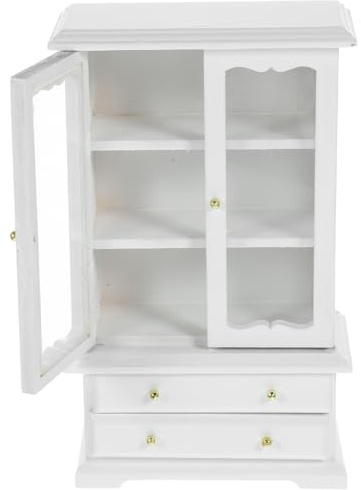 Veemoon 12 Scale Miniature Wooden Bookcase 3-tier Double Door Mini Bookshelf for Dollhouse Living Room Furniture Decor, White Mini Display Shelf for Bedroom Accessories