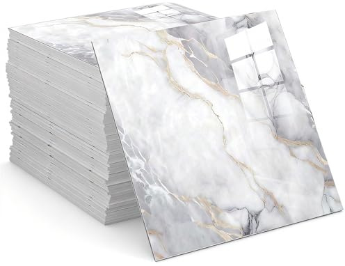 25PCS Self Adhesive Floor Tile, 30x30cm Marble Tiles Stickers, Waterproof Stick on Wall Marble Tile, PVC Peel and Stick Wall Panels for Decorative Kitchen, Bathroom, Living Room, Art DIY (White)