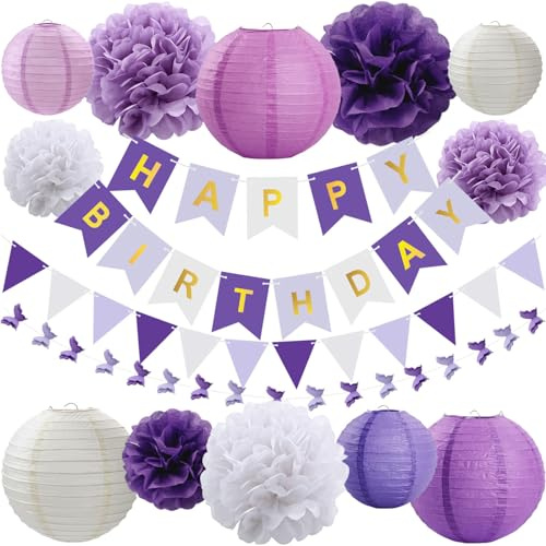 15 farolillos de papel para decoración de fiesta de lavanda con mariposas 3D, guirnaldas colgantes de papel, guirnalda de pompones, pancarta para despedida de soltera, cumpleaños, baby shower boda
