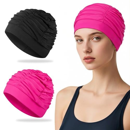 Kiiwah 2 Pièces Bonnets de Bain Élastique, Bonnet de Natation en Tissu Polyester Confortable, Cagoule Piscine Élégante pour Cheveux Longs Femme Homme Enfant