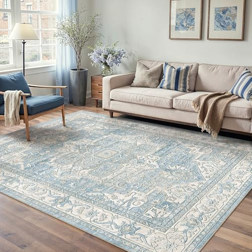 PureCozy Vintage Teppich Wohnzimmer 160x230cm Blau Waschbar Carpet Rug | Waschbarer Retro Teppich,Weich,Rutschfest Kurzflor,Groß,für Wohnzimmer,Schlafzimmer, Esszimmer,Büro,Carpet,Teppiche