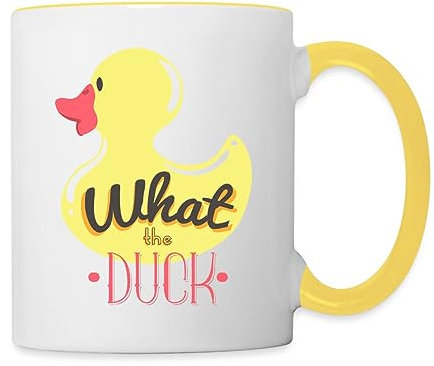 Spreadshirt What The Duck Wortspiel Ente Tasse Zweifarbig, One size, Weiß/Gelb