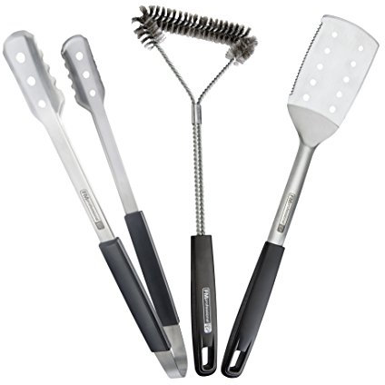 FMprofessional BBQ-Set, hochwertiges Grillbesteck mit komfortablem Griff aus Kunststoff und Funktionsteil aus Edelstahl, Bratenwender, Mehrzweckzange und Drahtbürste fürs Grillen, Menge: 1 x 3er Set