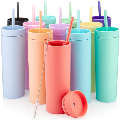 STRATA CUPS Vasos delgados multicolor con tapas y popotes (paquete de 12) – Vaso acrílico de doble pared de 16 onzas, vasos delgados altos mate, a granel con limpiador de pajitas gratis, vasos