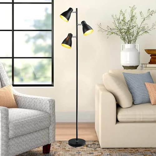 Depuley 3 Licht Baum Stehlampe Retro Stehlampe mit E27 Glühbirne, Schwenkbare Stehleuchte mit 3-flammig, Metall Standleuchte Deckenfluter Schwarz, Lesen Standlampe für Wohnzimmer Schlafzimmer Büro