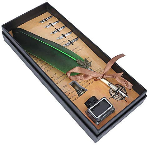 Calligraphy Dip Pen Set, Vintage Feather Fountain Writing Pen Calligraphy Ink Quill Dip Pen Home Decor with Gift Box for School Kids Students Children Christmas New Year Gift (Green)