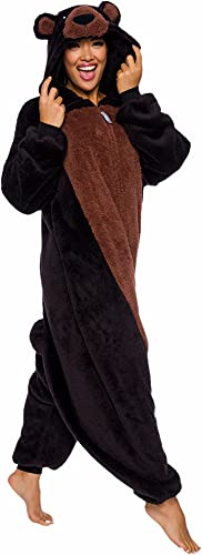 - Bären-Einteiler für Erwachsene aus Sherpa-Fleece, Tier-Halloween-Kostüm, Plüsch-Teddy-Anzug, Cosplay, für Damen und Herren