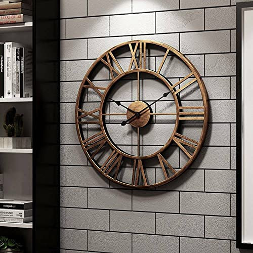 Heaven4you Large Skeleton Metal Roman Vintage Rustic Wall Clock Big Numerals Giant Open Round Face for Living Room Kitchen Bar Office Bronze (60cm)