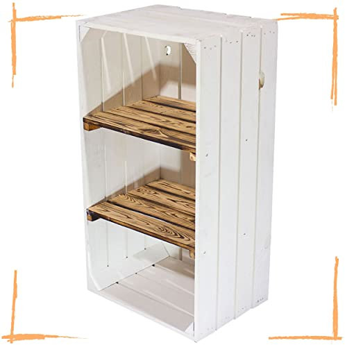 Weiße Obstkisten mit Mittelbrett weiß für Schuhregal und Bücherregal - Holzkiste Johanna - Dekokiste Schuhkiste Regakiste Kistenregal Regal Obstkistenregal in weiß (Schmale weiß geflammte Regalkiste)