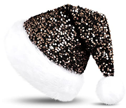 KONVINIT Weihnachtsmütze Erwachsene Nikolausmütze Weihnachtsmann Mütz mit Glänzende Pailletten und Plüsch Rand für Christbaumspitze Festliche Weihnachtsfeier Tannenbaum,schwarz