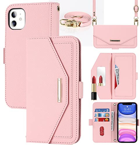 CAVOR Handykette Handyhülle iPhone 11 Hülle Mit Band,Flip Leder Geldbörse Handytasche,[Spiegel][Mit 5 Kartenfach][Magnetverschluss],Klapphülle Schutzhülle für iPhone 11 - Rosa