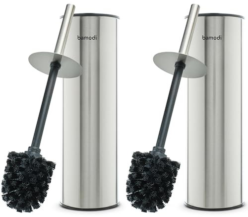Bamodi Toilettenbürstenhalter mit Austauschbarem Bürstenkopf - Wandmontierte Toilettenbürstengarnitur - Behälter aus Edelstahl mit Geschlossenem Deckel - Silber
