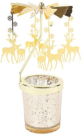 Rotierender Teelichthalter, Gold Teelicht Karussell Glas Teelichthalter Engel Schmetterling Drehbare Kerzenständer Hirsch Teelichtkarussel Metall Schneeman Schneeflocke Kerzenständer, Höhe17.5cm