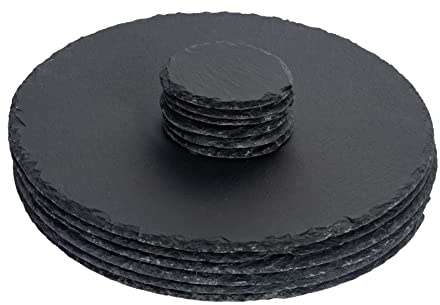 Argon Tableware Round Slate Placemats & Coasters - 10cm - 12 Piece Drink Coasters Black Stone Natural Slate Drink Mat Cup Mats for Kitchen, Bar, Restaurant, Events