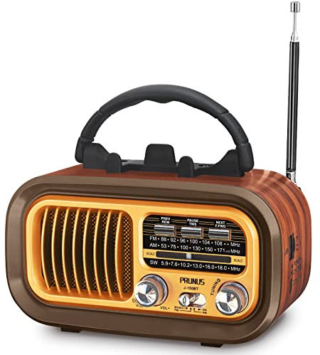 PRUNUS J-150 AM/FM/SW Retro Radio Klein, Kofferradio Betrieben mit 1200mAh Akku oder D-Zellen Batterien, Vintage Radio mit Bluetooth Unterstützt USB/TF-Karte Funktion. Gold