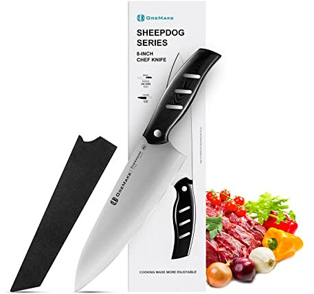 OREMAKE Sheepdog 8 inch Kochmesser, Küchenmesser aus rostfreiem Edelstahl mit ergonomischem Griff, scharfes Allzweck-Kochmesser, ideal für Fleisch, Fisch, Gemüse, Obst und Kräuter (schwarz)