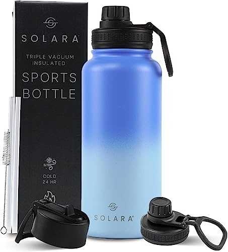 SOLARA 1l Water Bottle | Stainless Steel Water Bottle with Straw | Insulated Water Bottles | Drinking Bottles for Adults | Metal Water Bottle with Straw and Sports Lid | 32oz | Blue Wave