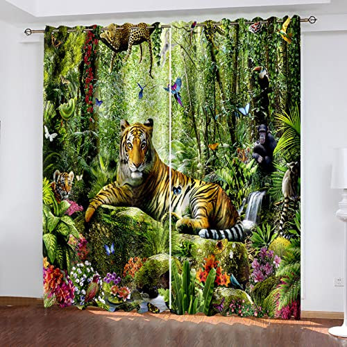 HIGHH IMAGE Blickdichte Vorhänge Mit Motiv 3D Waldtier Tiger Kinder Gardinen Blickdicht Ösen Gardine Thermo 264x214 cm Schlafzimmer Kinderzimmer Vorhänge Dekoratives Muster, Verdunklungsvorhänge