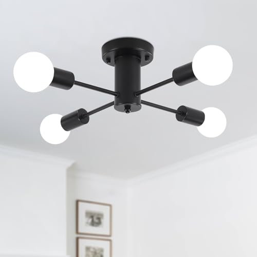 ASHUAQI Deckenlampe Schwarz Deckenleuchte Wohnzimmer, 4 Flammige Kronleuchter Vintage, E27 Fassung Modern Wohnzimmerlampe Sputnik Lampe für Küche Schlafzimmer Esszimmer Flur Eingang Wohnzimmer