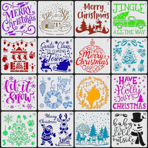Voyyphixa 16 Stück Weihnachten Schablone, 15x15cm Quadrat Malerei Schablone Wiederverwendbar Merry Christmas Schablonen Schneemann Elch Weihnachtsmann Wand Malen Schablonen (Christmas)