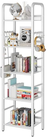 YMYNY Estantería de 5 Niveles, Biblioteca, Librería, Estante de Almacenamiento, con Gancho en S de 8 Piezas, Marco Metálico, Estilo Minimalista, para Sala de Estar, Oficina, Baño, Blanco HBC055W