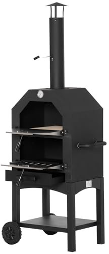 Outsunny Horno de Pizza Exterior con 2 Capas Horno de Leña con Ruedas Cajón Extraíble Estante de Almacenamiento para Terraza Camping Patio 64x54x160 cm Negro