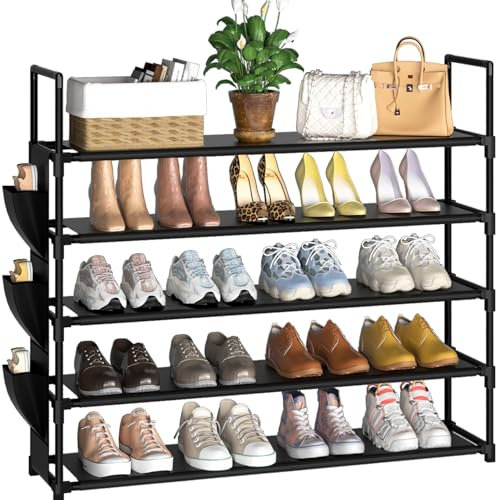 OYREL Shoe Rack 5 Tier 20-25 Pairs Shoes, Shoe Storage Organizer Large with Side Bag Space Saving for Closet, Entryway, Garage, Bedroom Non-Woven Shoe Rack Shelf
