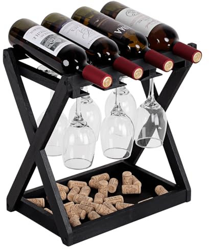 WDSHIYI Wine Rack – 4 Bottles and 6 Stemware Wooden Wine Racks Countertop for Kitchen, Cellar, Office, Bar – Luxurious Wine Bottle Storage for Standard Bottles Holder Stand Black
