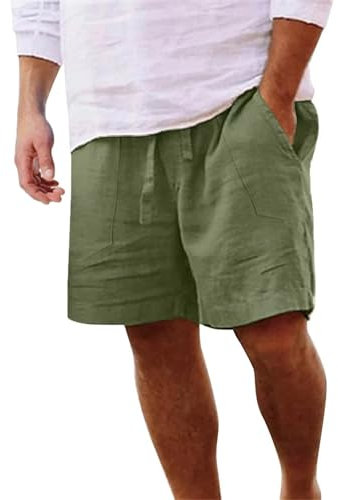 Yageshark Pantalones cortos de verano para hombre, de lino, ligeros, ligeros, de color sólido, ajuste holgado, para tiempo libre, verde, M