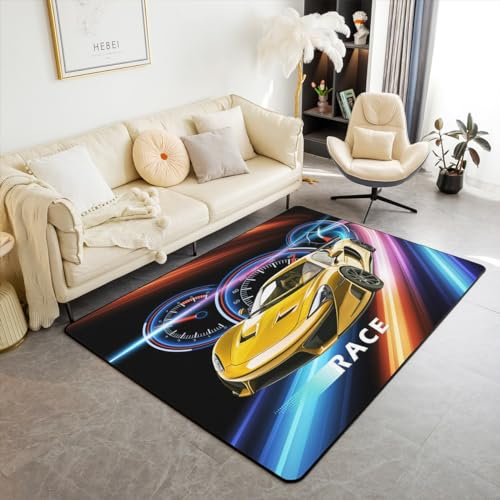 Homewish Jungen Sportwagen 150Bx200L Gelb Rennwagen Area Teppich, Rennwagen Gedruckt Teppich Bunte Linie Rutsch Teppich Kinder Mädchen Dekorative Teppich