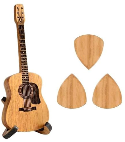 LXCJZY Wooden Guitar Pick Box with Stand,3 PCS Unique Guitar Picks,Mini Storage Box for Guitarists,Musician Engraved Wooden Plectrum Case,Acoustic Guitar Box for Electric Bass Guitar Lover (Wooden)