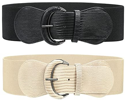 JasGood 2 Stück Damen Breiter Elastischer Taillengürtel Vintage Gürtel Hüftgürtel für Frauen Kleider,Schwarz/Beige,103cm(Für Taillenweite 91cm-105cm)