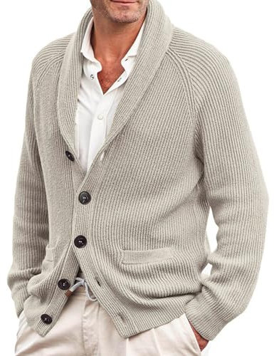 Men's Shawl Collar Cardigan Sweater Mens Full Zip Up Knitted Cardigan Sweater Buttons Closure Jumper Slim Fit Cable Knit Button Up Cotton Sweater with Pockets