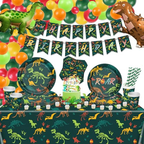 171 piezas de decoraciones de cumpleaños de dinosaurios: platos, servilletas, tazas, globos, pancarta, decoración de tartas, mantel, suministros de fiesta para niños para 20 invitados