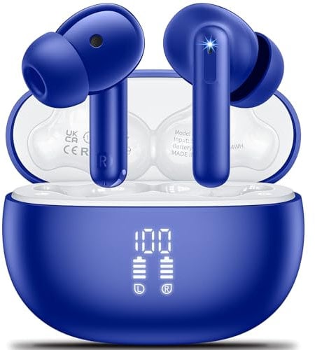 Wireless Earbuds, Bluetooth 5.3 Headphones in Ear with 4 Mic ENC Call Noise Stereo Wireless Headphones Deep Bass LED Display Ear buds 42H Playtime Wireless Earphones IP7 Waterproof, Ultra Light,Blue
