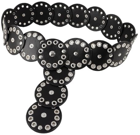 TOFBS Gürtel für Damen Vintage Mode Runde Scheibe Hakenverschluss Ledergürtel Durchbrochener Metall Verstellbarer Gürtel Western Cowgirl Breiter(Silber)