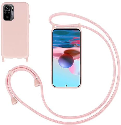 Coque pour Redmi Note 10 4G/Redmi Note 10S avec Cordon,Souple Silicone Housse avec Bandoulière en Nylon, Réglable Lanyard Case Protection Complète Cover Etui Antichoc Protection,Pink