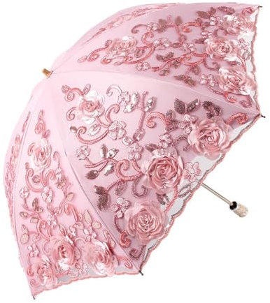 VDCVADKYE Spitze Regenschirm, Damen-Regenschirm im Vintage-Stil, doppellagig, kompakt, faltbar, Taschenschirm for Mädchen, Party, Dekoration, Tanz(Rose)