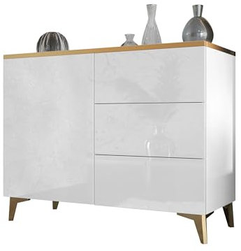 Mirjan24 Kommode Aioren 1D3S mit Tür und 3 Schubladen, Goldene Akzente, Highboard, Anrichte, Sideboard, Mehrzweckschrank, Wohnzimmerschrank (Weiß/Weiß Hochglanz + Gold)